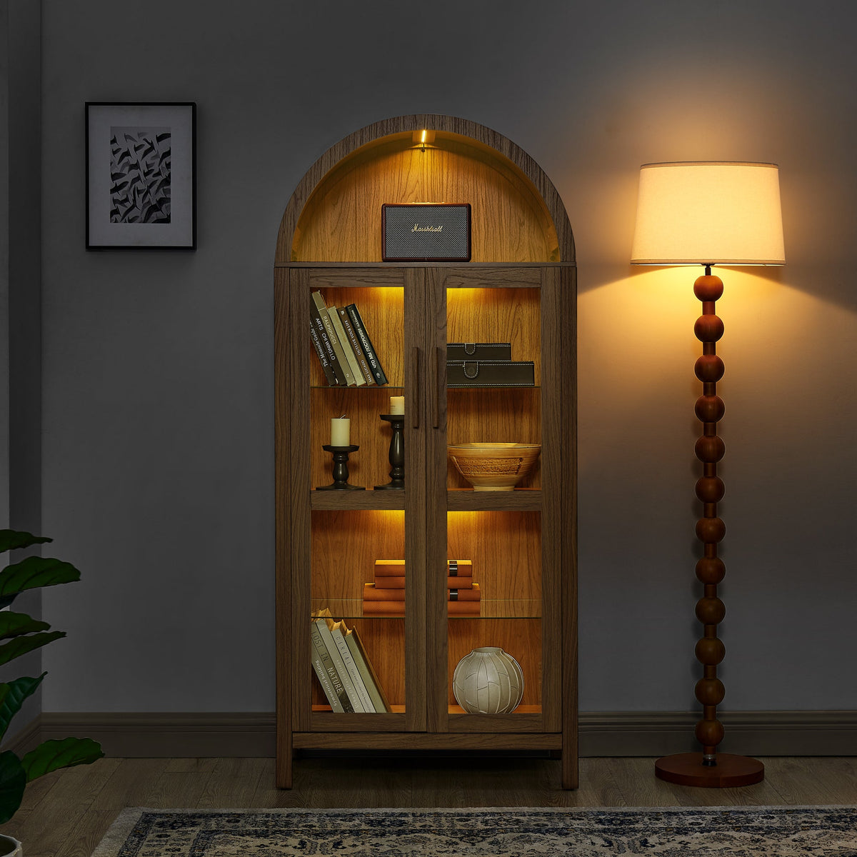 A high arched storage cabinet with a lamp, a modern retro-style wooden storage cabinet with adjustable glass partitions, suitable for use as a multi-functional cabinet in kitchens-Black