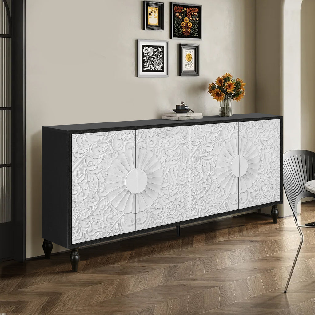 White carved door black frame sideboard — angle view