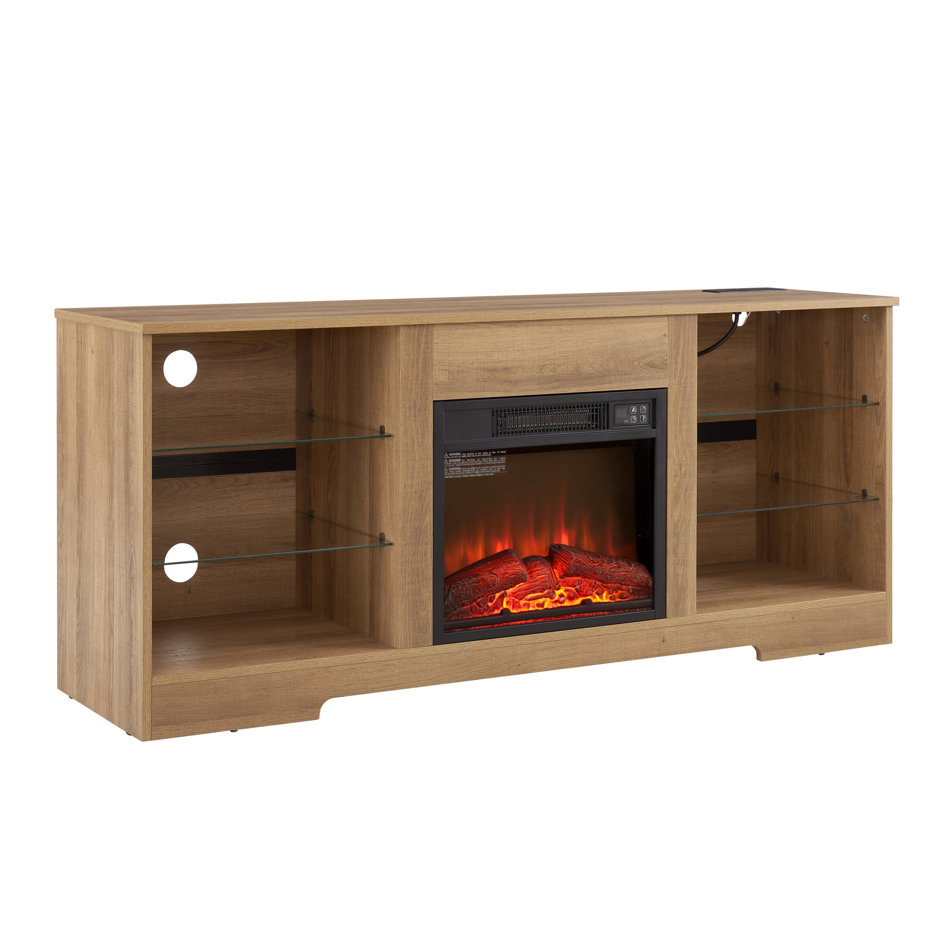 LED fireplace color options on oak media console