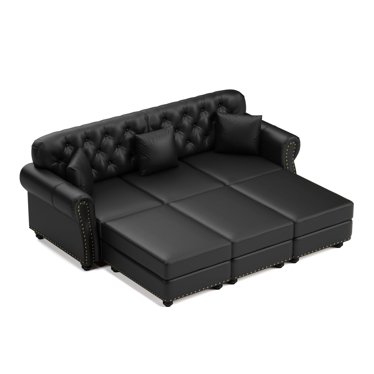 82.6'Upholstered Faux Leather Sofa with Nailhead Trim and Rolled Armrests,Mid-Century Modern Chesterfield Sofa with Button Tufted,Includes 3 Pillows,Black
