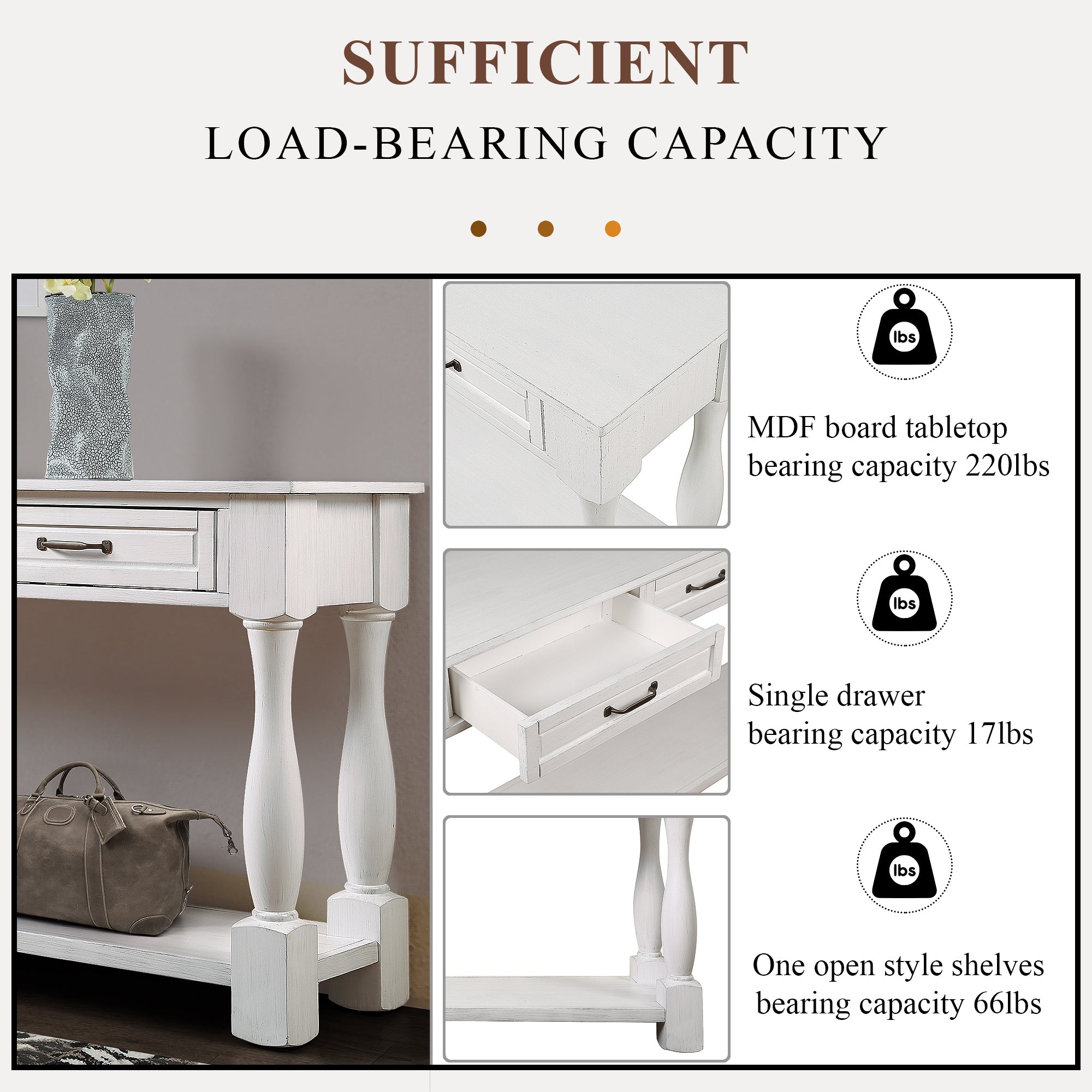 Entryway console table three drawer storage interior