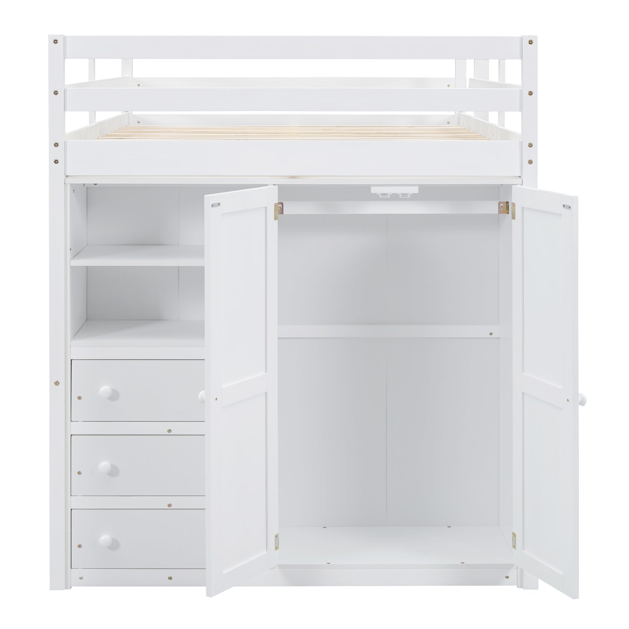Full Size Loft Bed with Wardrobe, Desk & Storage Drawers — Pine Wood