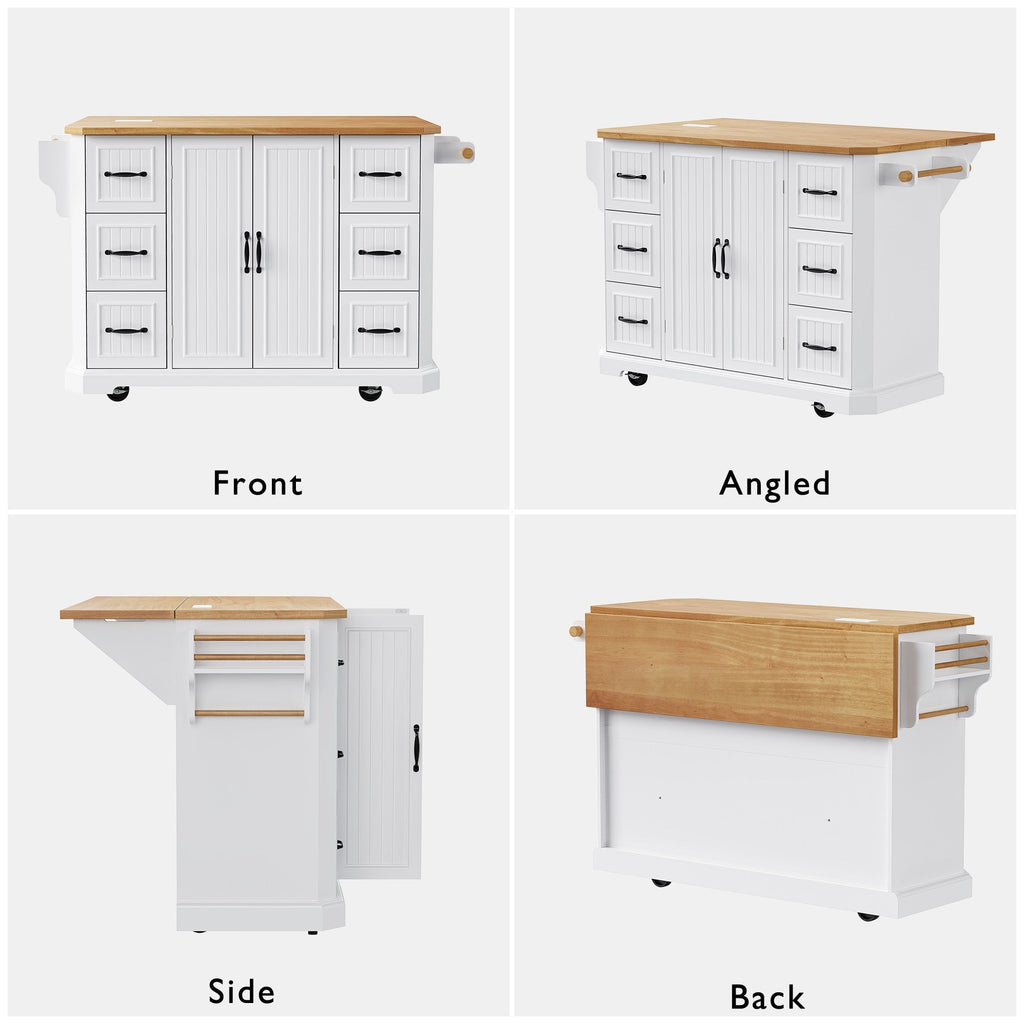 K&K 56 inch Kitchen Island with Rubber Wood Veneer Drop Leaf, Power Outlet, 4 Door Shelves, Embossed Vertical Stripe Rolling Kitchen Cart on 4 Wheels with 6 Deep Drawers for Kitchen, Dining Room,Black
