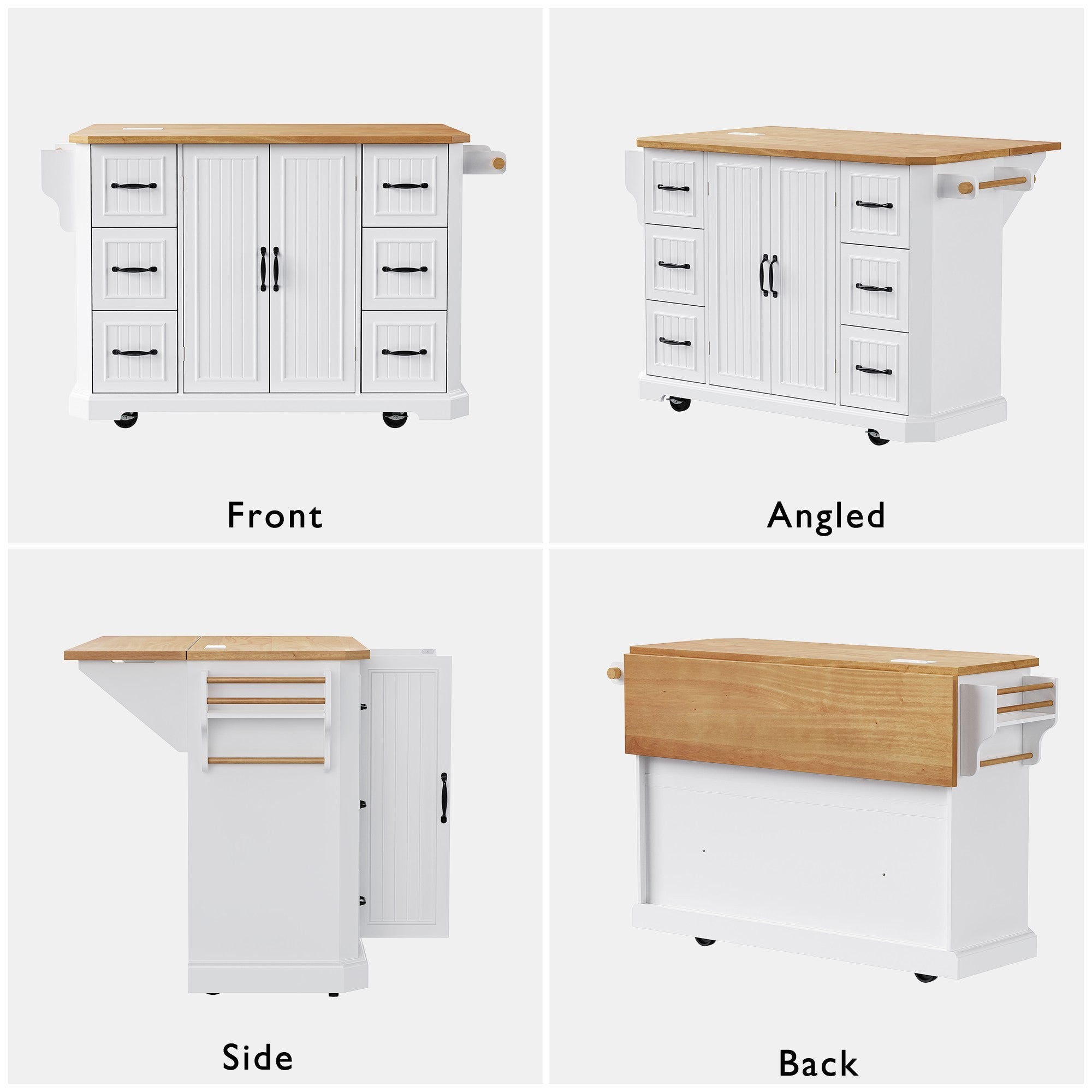 K&K 56 inch Kitchen Island with Rubber Wood Veneer Drop Leaf, Power Outlet, 4 Door Shelves, Embossed Vertical Stripe Rolling Kitchen Cart on 4 Wheels with 6 Deep Drawers for Kitchen, Dining Room,Black