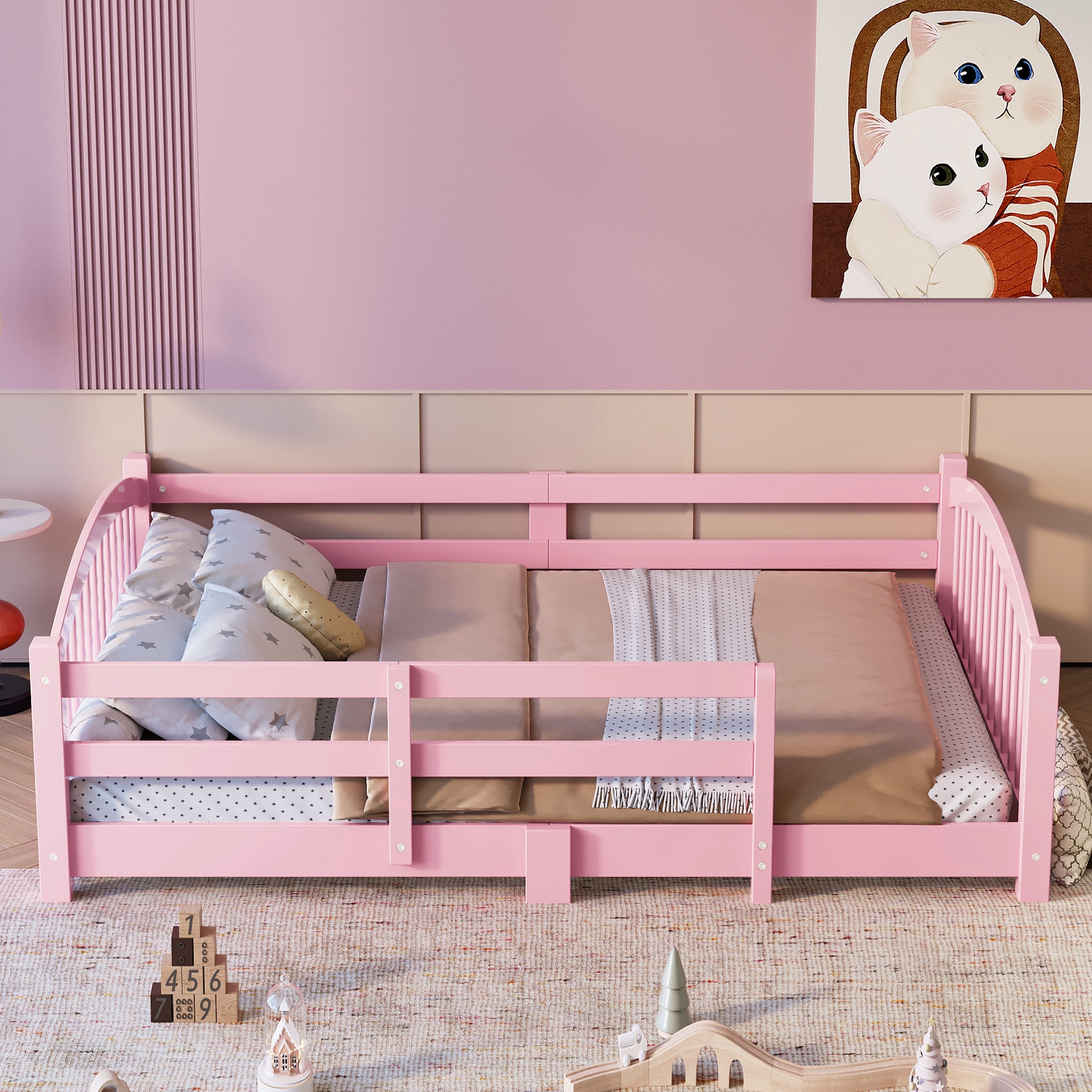 Full Montessori Floor Bed with Slats and Safety Guardrails, Solid Wood Floor Bed with Fence and Without Door, Easy Assemble Montessori Bed for Girls and Boys, Gray