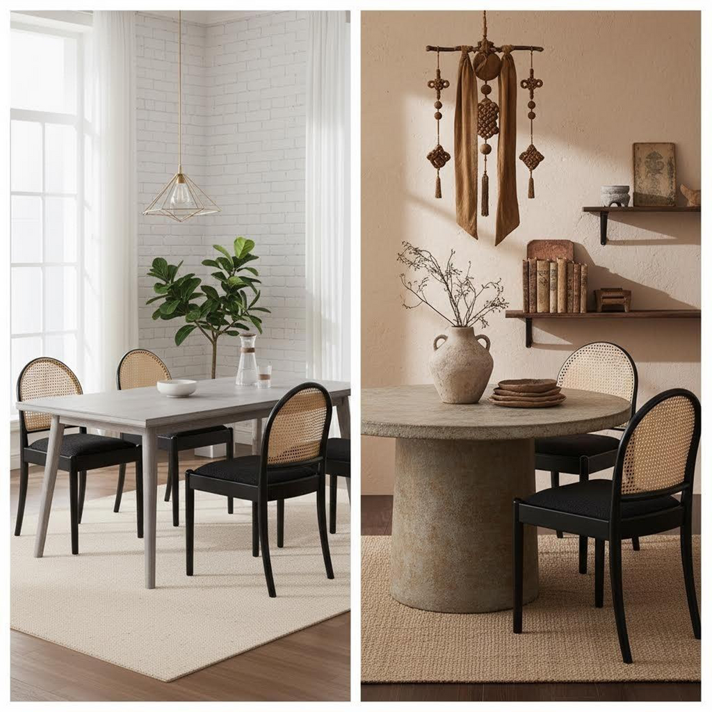 Rattan Dining Chairs Set of 2, Upholstered Linen Dining Room Chairs with Backrests, Modern Kitchen Chairs with Wood Legs for Dining Room, Beige
