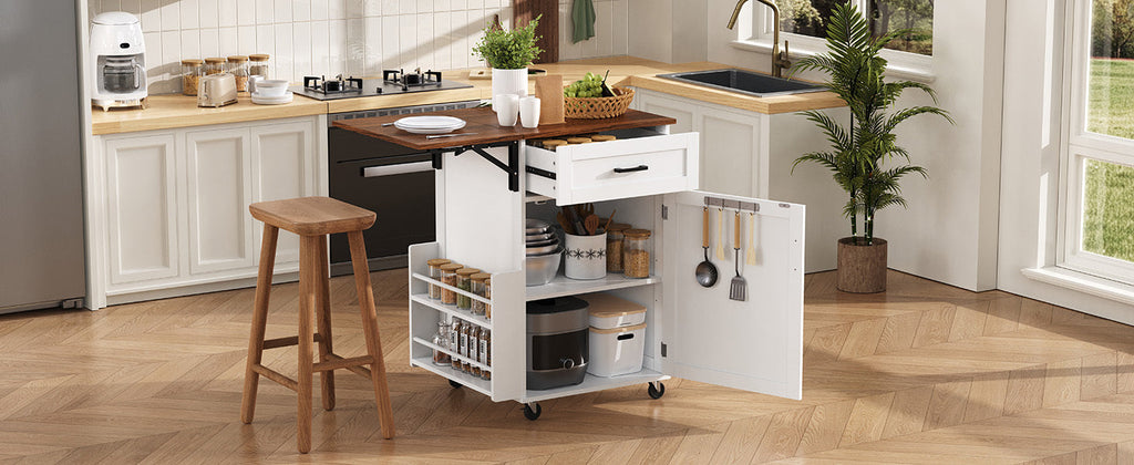 K&K 39.3' Farmhouse Kitchen Island with Drop Leaf, Kitchen Storage Island with Open Side Rack, One Drawer, Towel Rack, Rolling Kitchen Cart with Lockable Wheels for Lawn Garden, Black