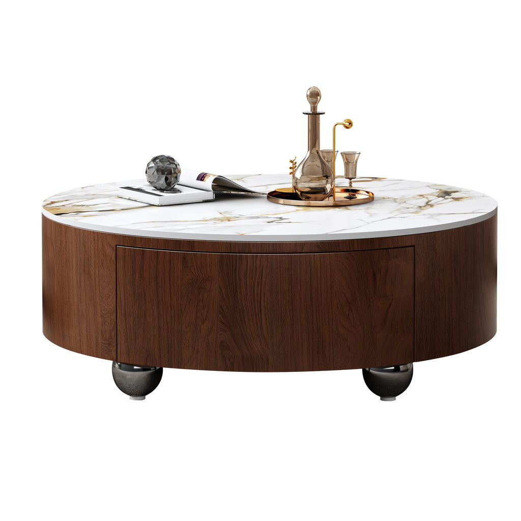 Walnut round coffee table drawer open soft-close glide detail