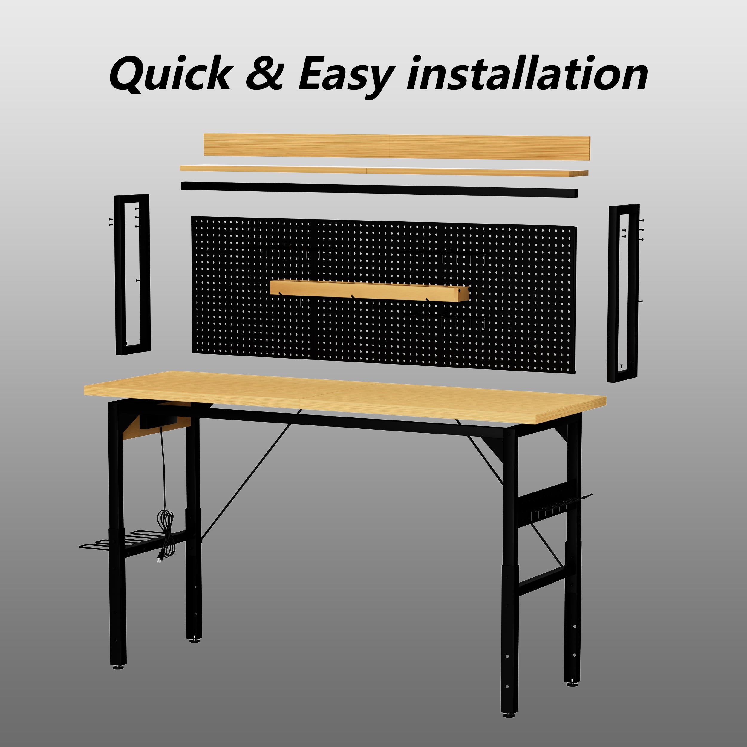 Heavy-duty workbench with pegboard storage in garage workshop setting