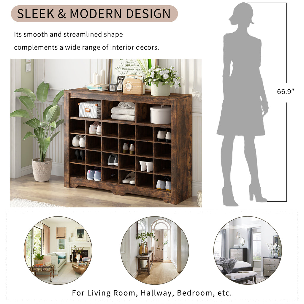 24-cubby shoe storage console rustic brown full view