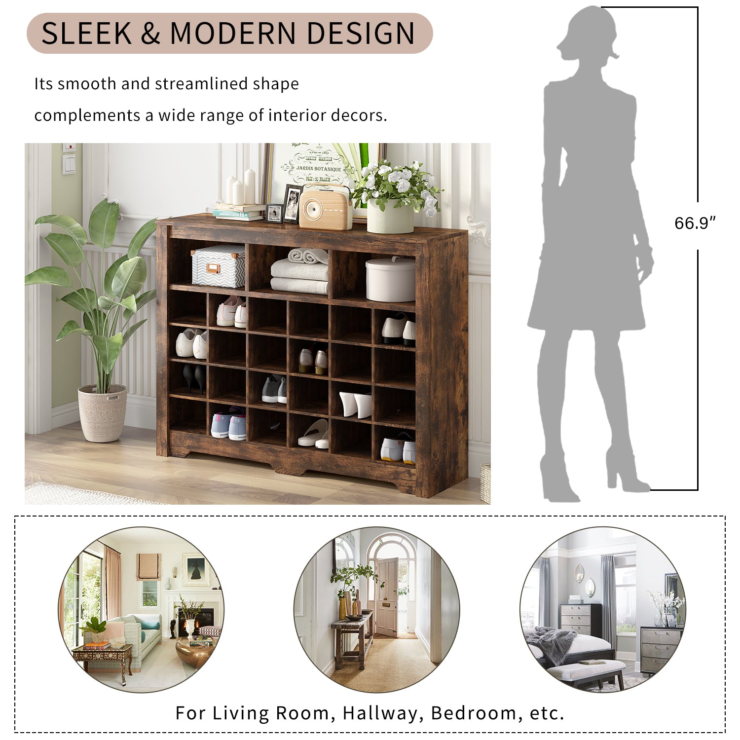 24-cubby shoe storage console rustic brown full view