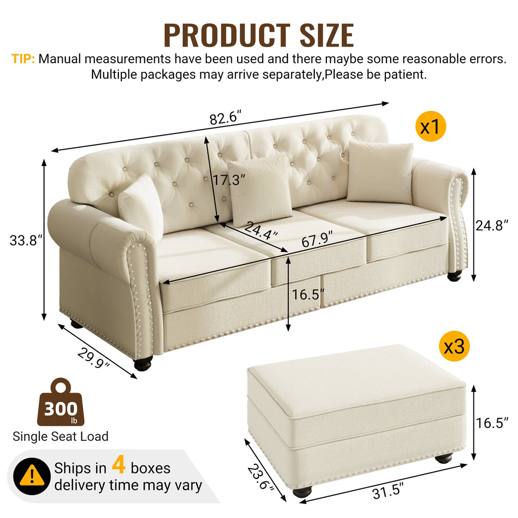 82.6'Upholstered Velvet Sofa with Nailhead Trim and Rolled Armrests,Mid-Century Modern Chesterfield Sofa with Button Tufted,Includes 3 Pillows,Burgundy