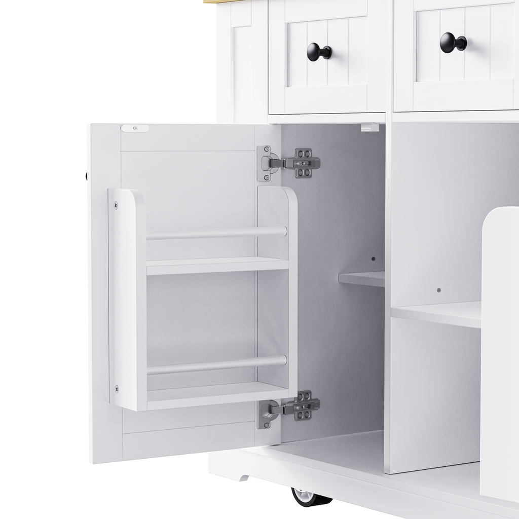 K&K 53inch Large Kitchen Island with Drop Leaf,Power Outlet,Door Internal Storage Rack,Rolling Kitchen Cart on 5 Wheels with 5 Open Side Racks for Kitchen,Black(Two Packages)(Stools not included)