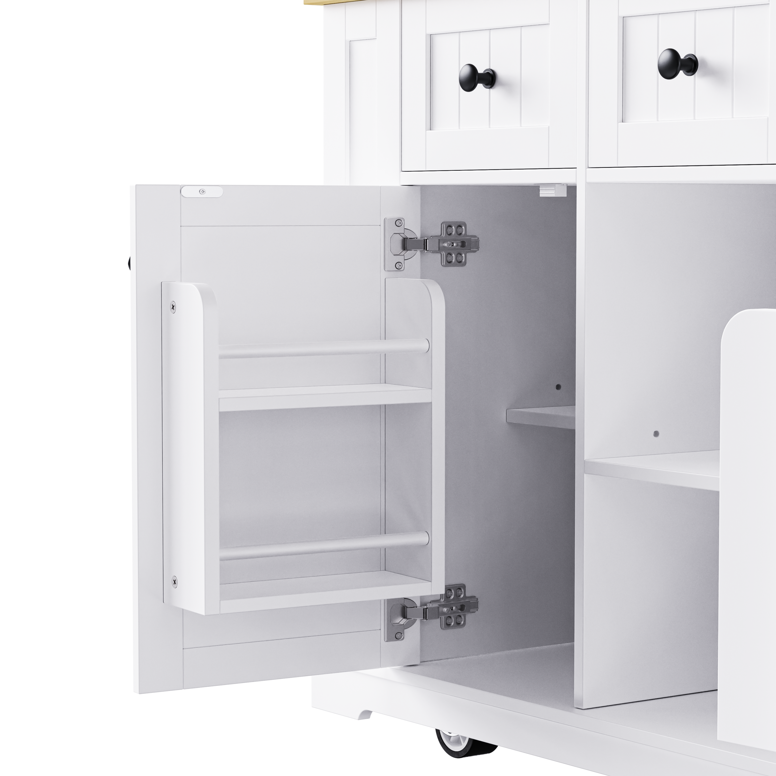 K&K 53inch Large Kitchen Island with Drop Leaf,Power Outlet,Door Internal Storage Rack,Rolling Kitchen Cart on 5 Wheels with 5 Open Side Racks for Kitchen,Black(Two Packages)(Stools not included)
