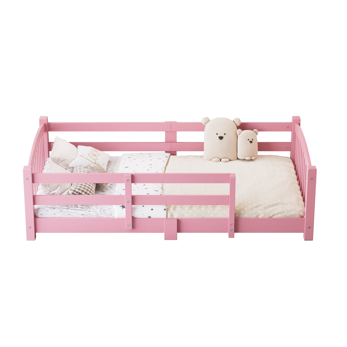 Twin Montessori Floor Bed with Slats and Safety Guardrails, Solid Wood Floor Bed with Fence and Without Door, Easy Assemble Montessori Bed for Girls and Boys, Gray