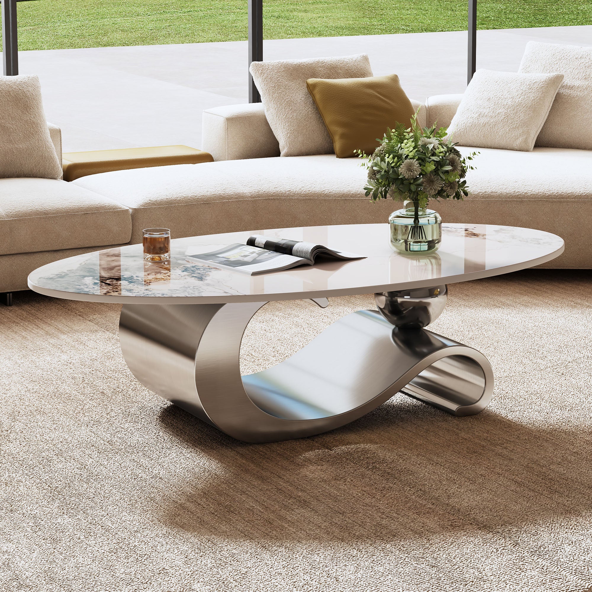 Modern oval coffee table gray marble top — angle view
