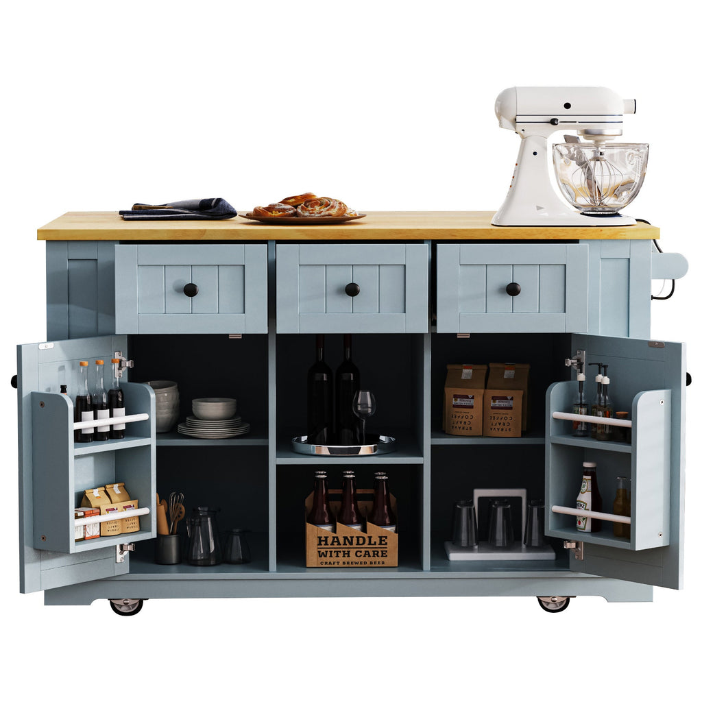 K&K 53inch Large Kitchen Island with Drop Leaf,Power Outlet,Door Internal Storage Rack,Rolling Kitchen Cart on 5 Wheels with 5 Open Side Racks for Kitchen,Black(Two Packages)(Stools not included)