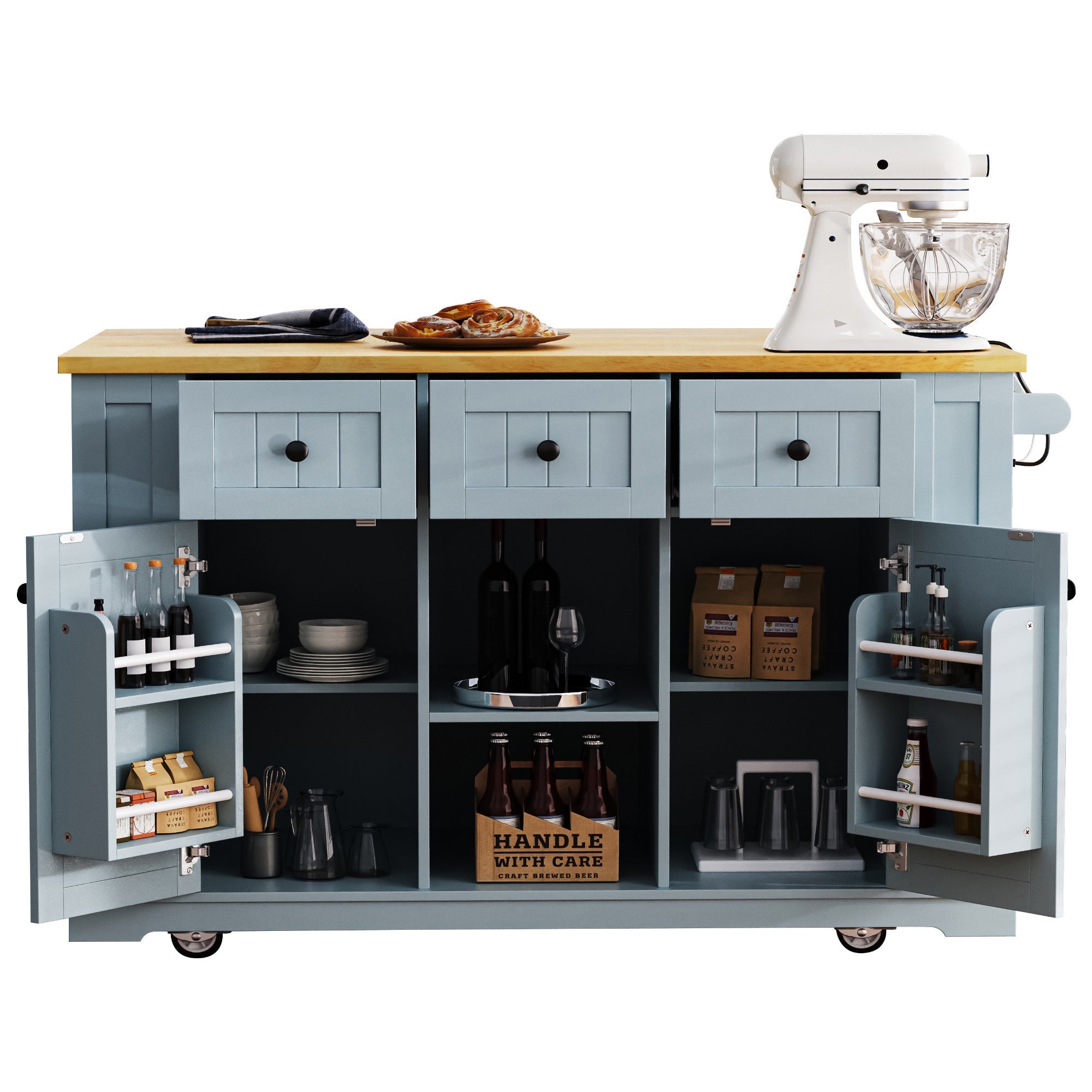 K&K 53inch Large Kitchen Island with 2 Bar Stools, Power Outlet,Door Internal Storage Rack, Kitchen Storage Cart on 5 Wheels with Drop Leaf, 5 Open Side Racks, 3 Drawers,Black (Three Packages)