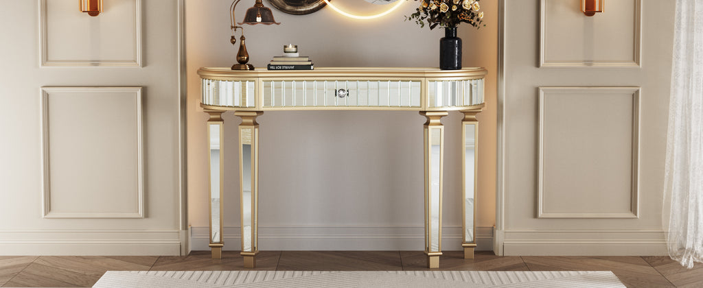 Half-moon mirrored console table four leg H-base detail