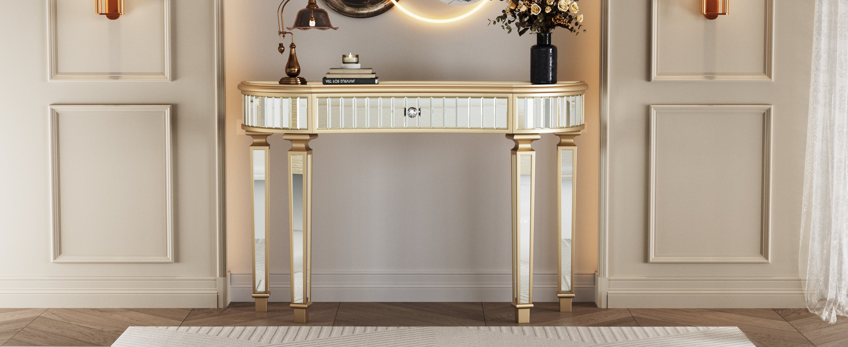 Half-moon mirrored console table four leg H-base detail
