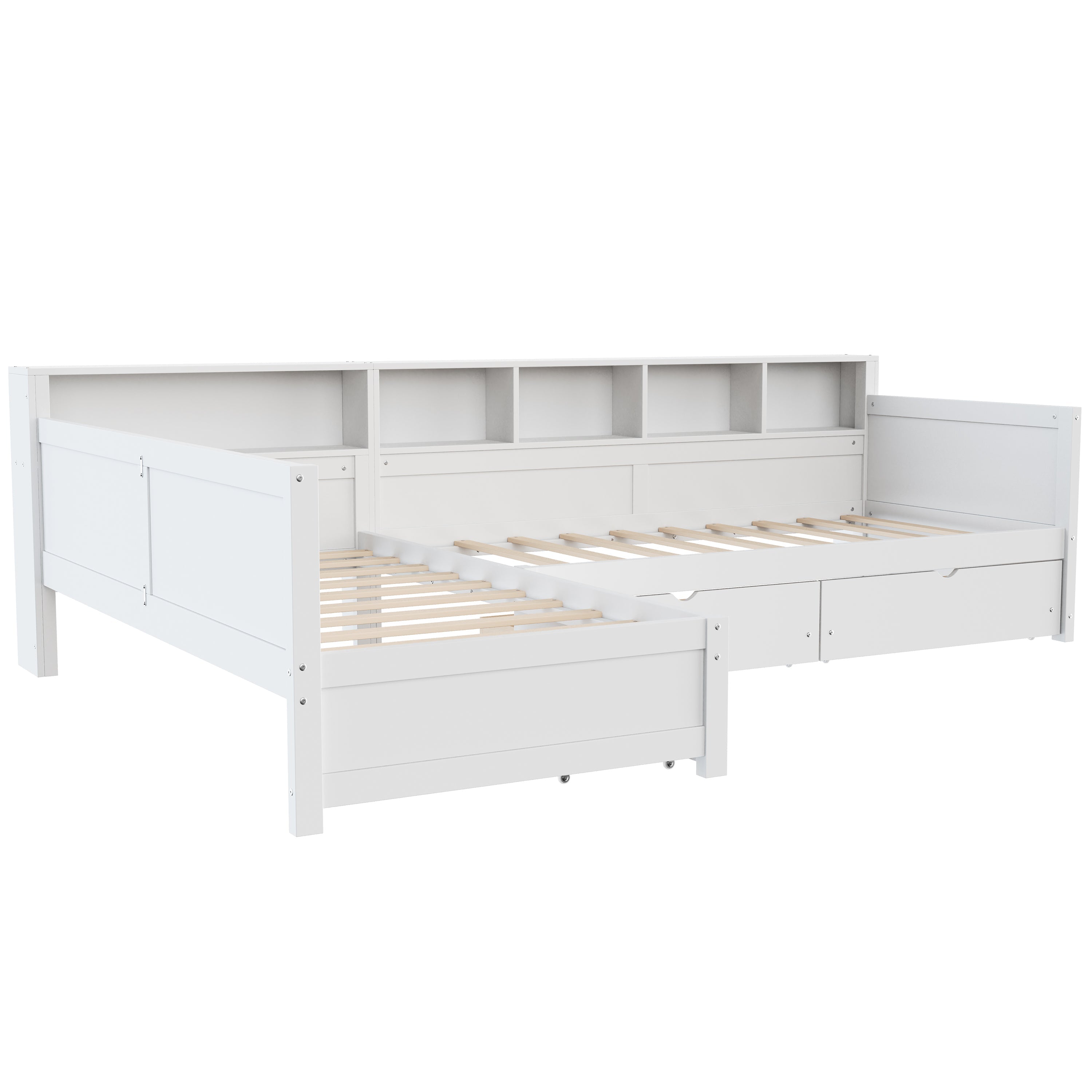 Twin Size Day Bed for 2, L- Shape Twin Size Bed Frame with Storage 3 Drawers, Wooden Corner Bed with Bookshelf, Corner Bed Frame For Bedroom, Living Room,Grey