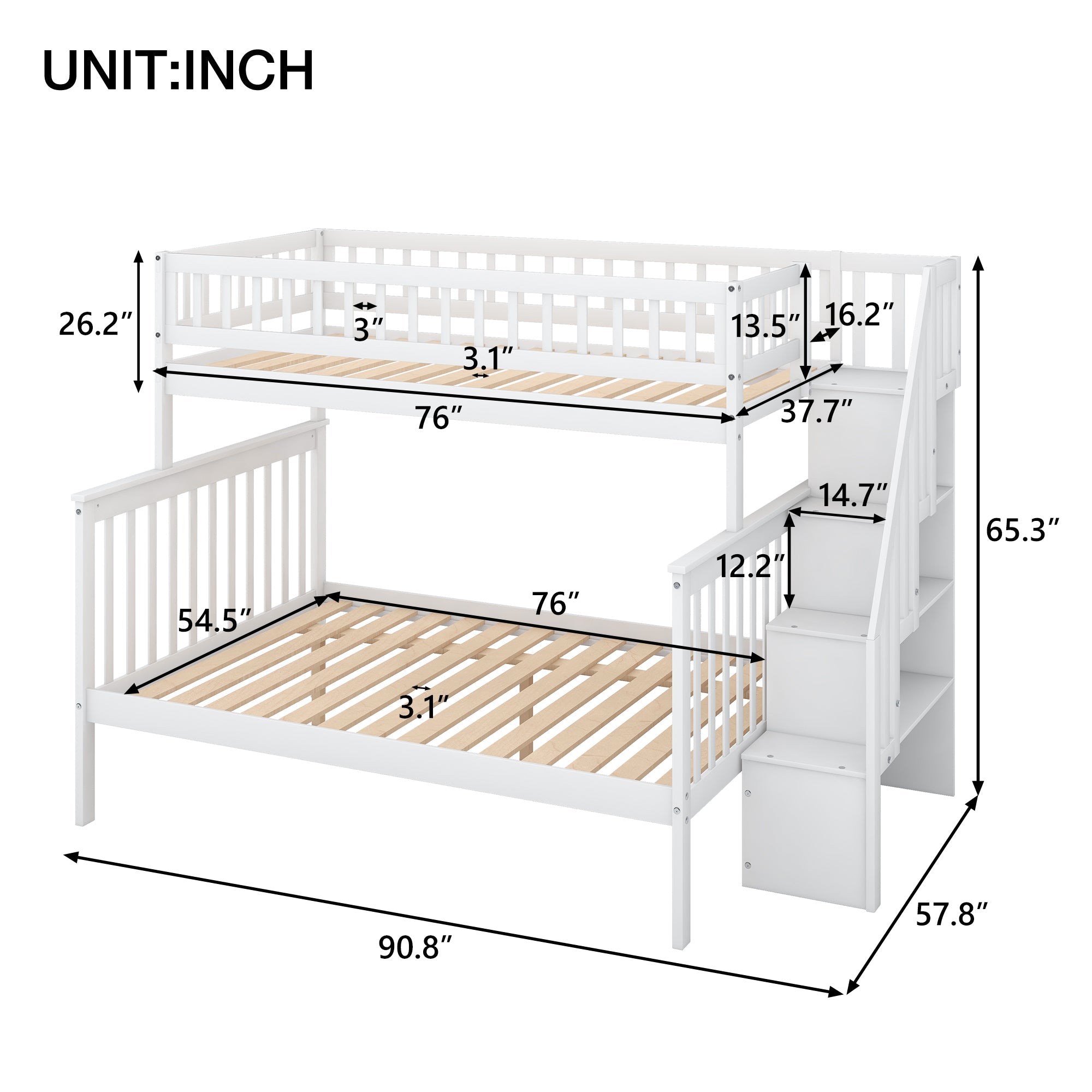 Twin over Full Stairway Bunk Bed with Side Shelves & Storage — Pine Wood