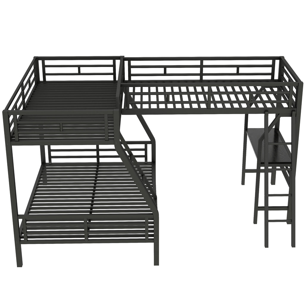 Black L-shaped twin over full bunk bed with twin loft desk and slide — front view
