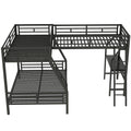 Black L-shaped twin over full bunk bed with twin loft desk and slide — front view