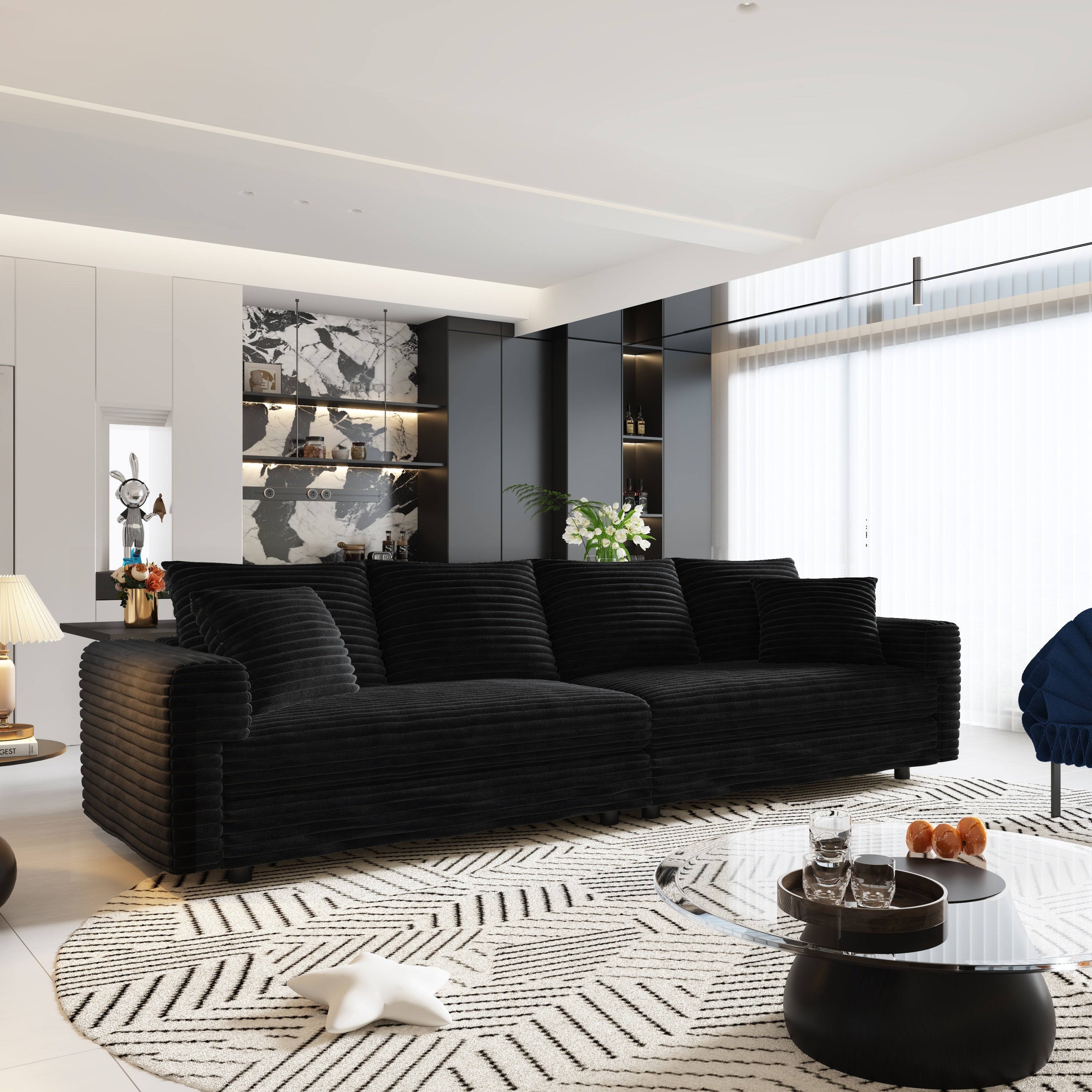 102.4 'Plush Corduroy 4-Seat Sofa,Modern Comfy Upholstered Sofa Cloud Couch,Deep Seat Couches with Soft Pillows and 3 Ottomans,Convertible Sofa Lounge Chair,Black(Old SKU:W1885S00287)