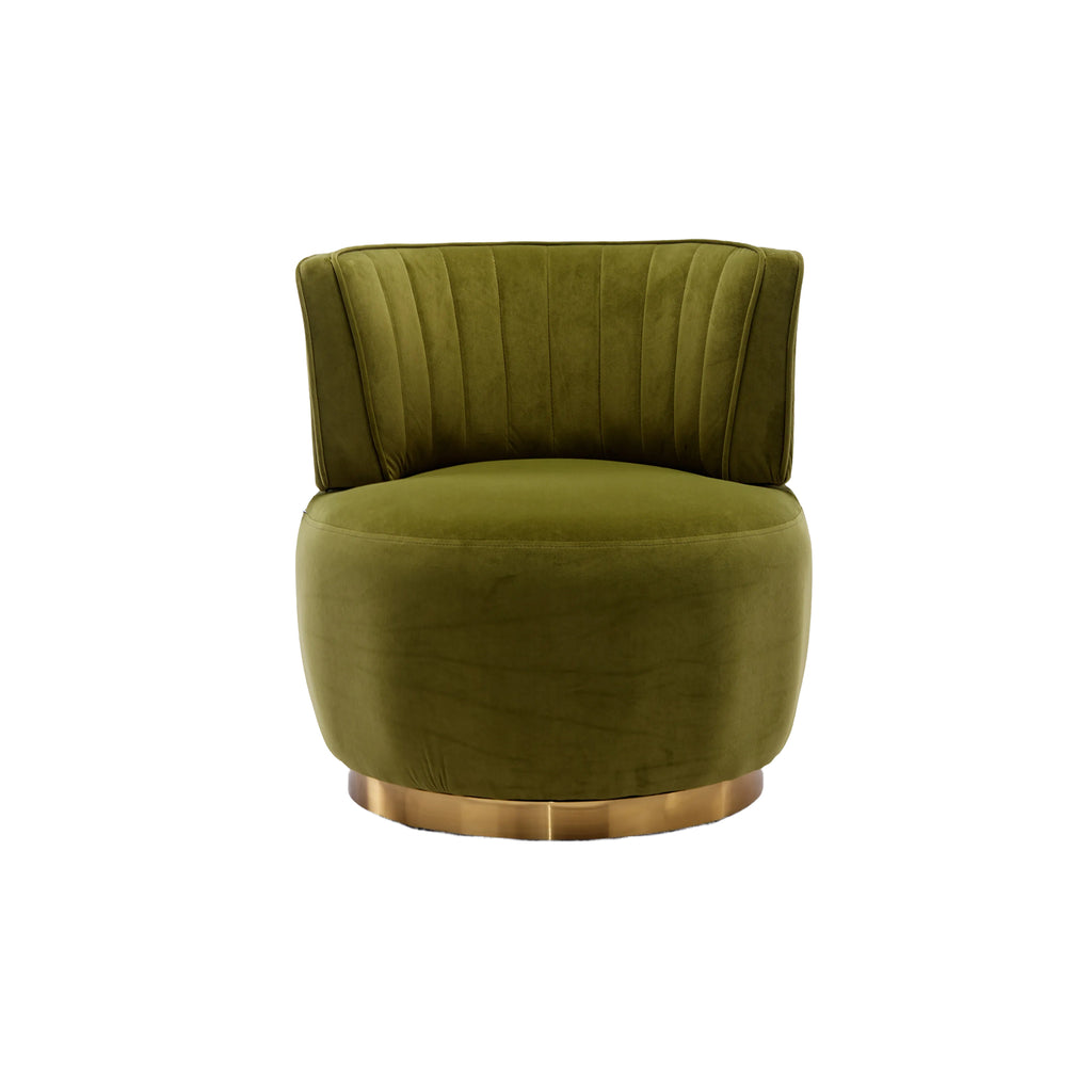 Olive green velvet swivel chair back detail