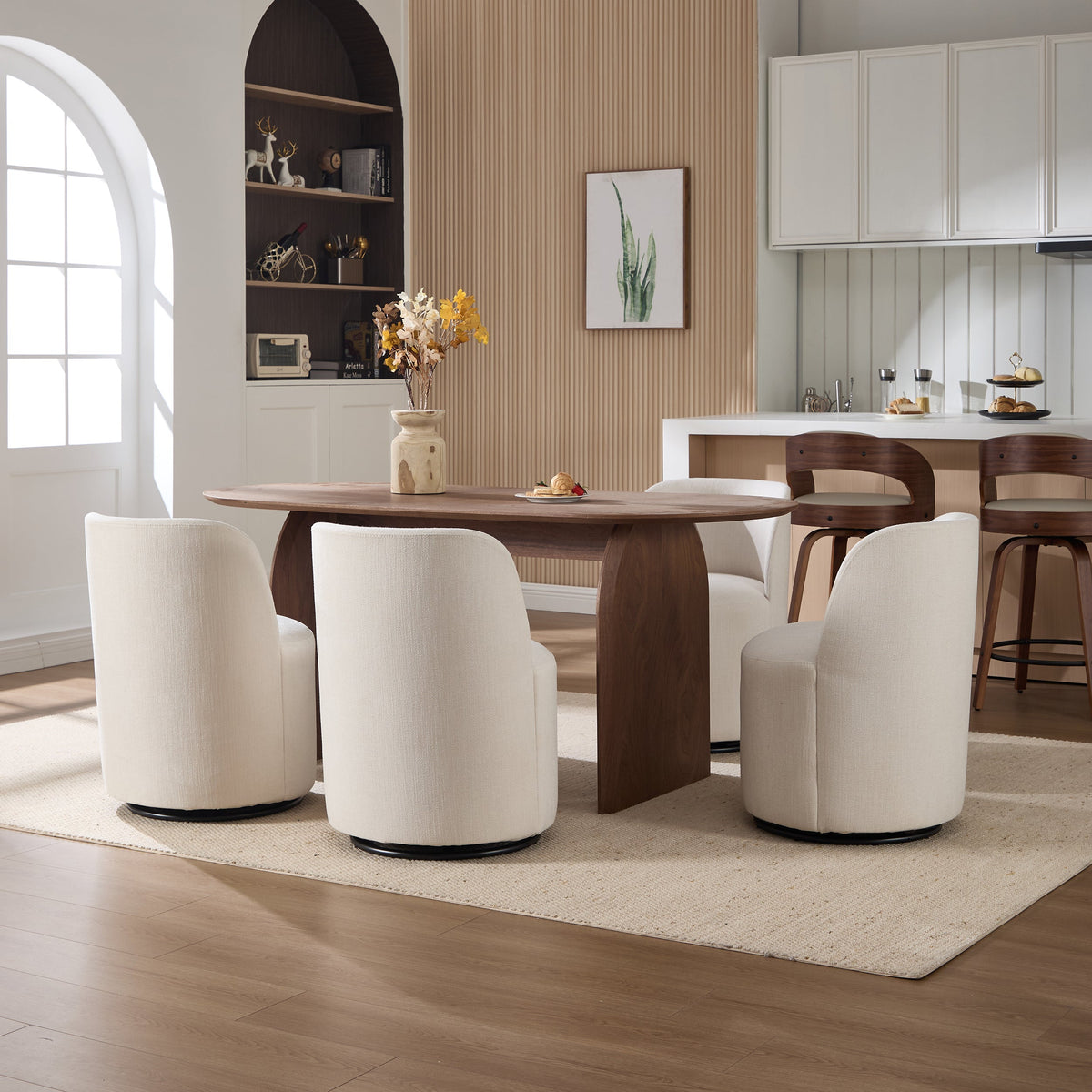 Set Of 1 Upholstered Kitchen & Dining Room Barrel Chair, Mid Century Modern Round Linen Dining Chair, 360 Degree Swivel Comfy Armless Accent Makeup Vanity Side Chair for Bedroom Living Room