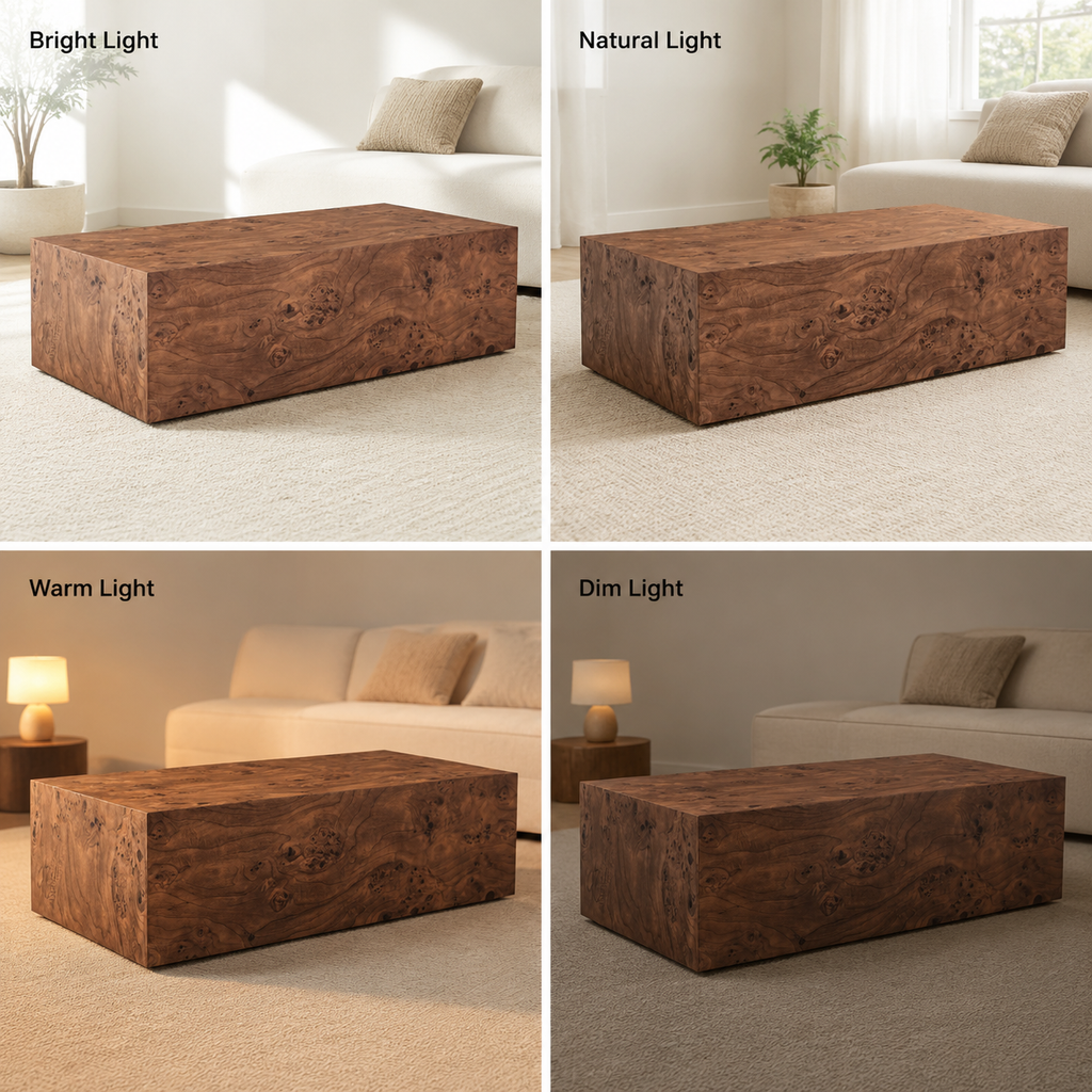 Low profile burl walnut coffee table living room display