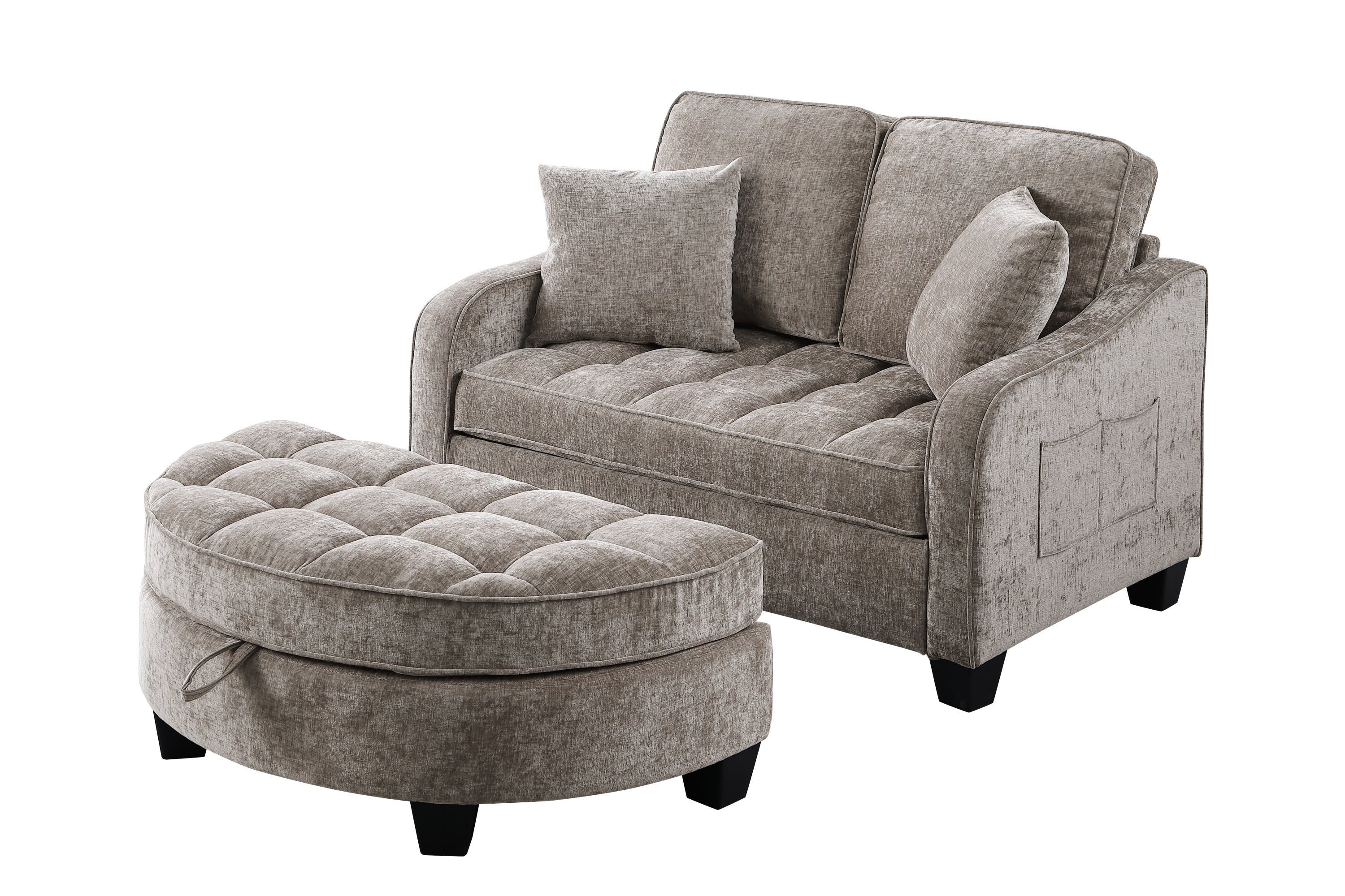 Storage footrest ottoman beside brown sofa chaise