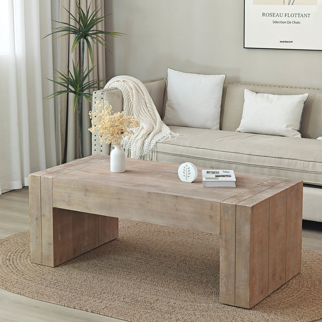 Thick sturdy legs on natural rustic center table side profile