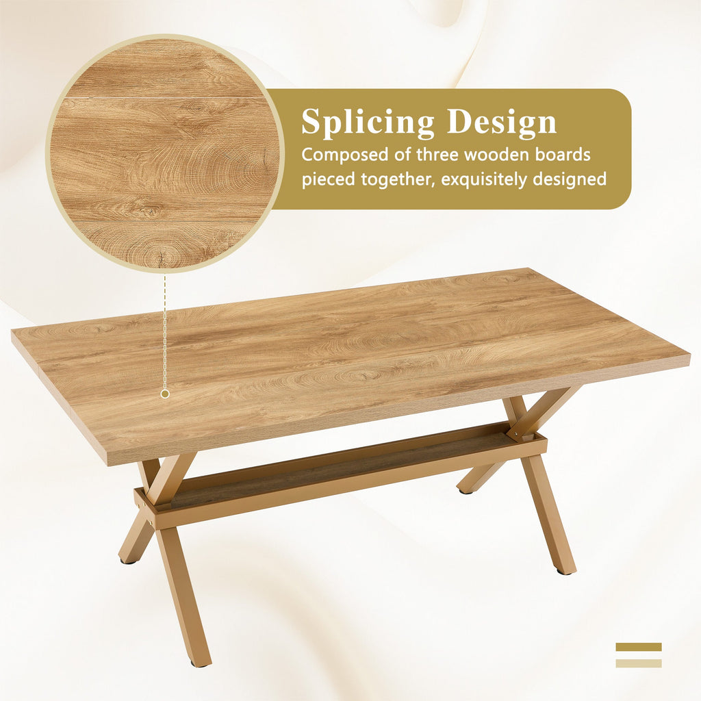 Table and chair set. 71 * 35.4 inch Wood grain MDF splicing desktop with X-shaped metal frame dining table.Includes 8 white PU dining chairs With Black Metal Legs.Making it an ideal choice for home.