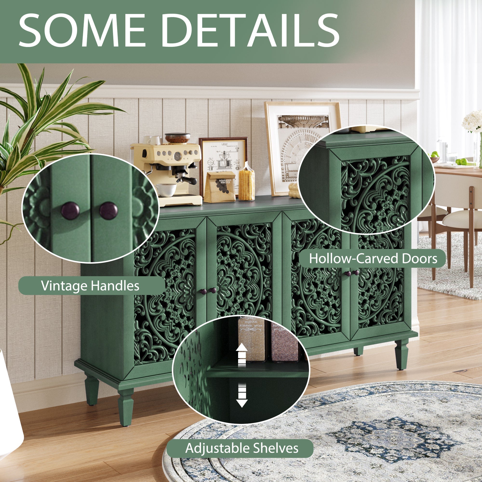 60' Antique Buffet Cabinet with Floral Carvings with Solid Wood Legs&Antique Brass Handles&Adjustable Shelves, TV Stand for 65''+ TV, Sideboard for Living Room,Dining Room (Antique Grey White)