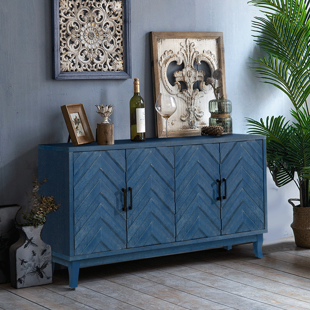 Navy blue credenza buffet cabinet open storage overview