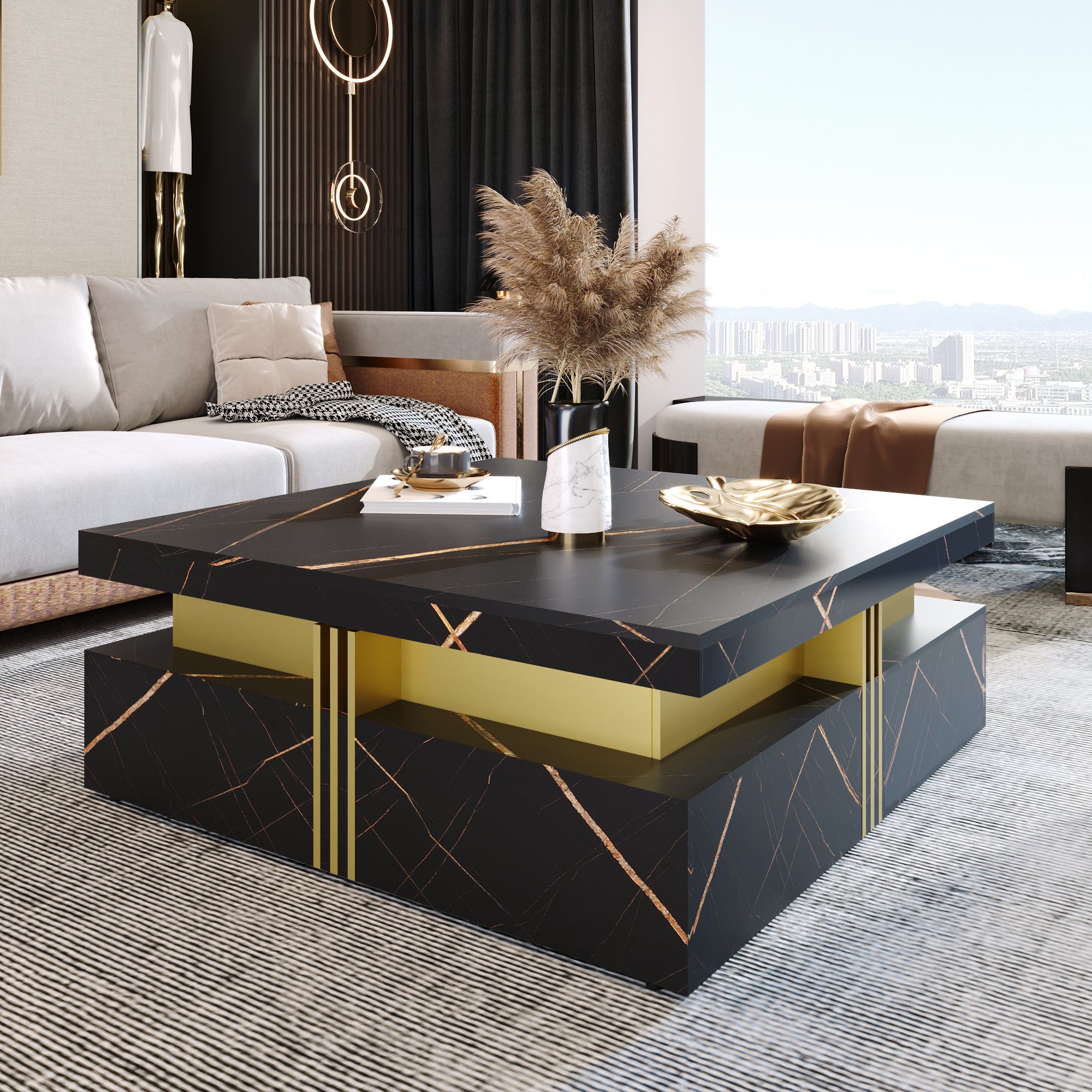 Four-drawer square coffee table black and gold detail