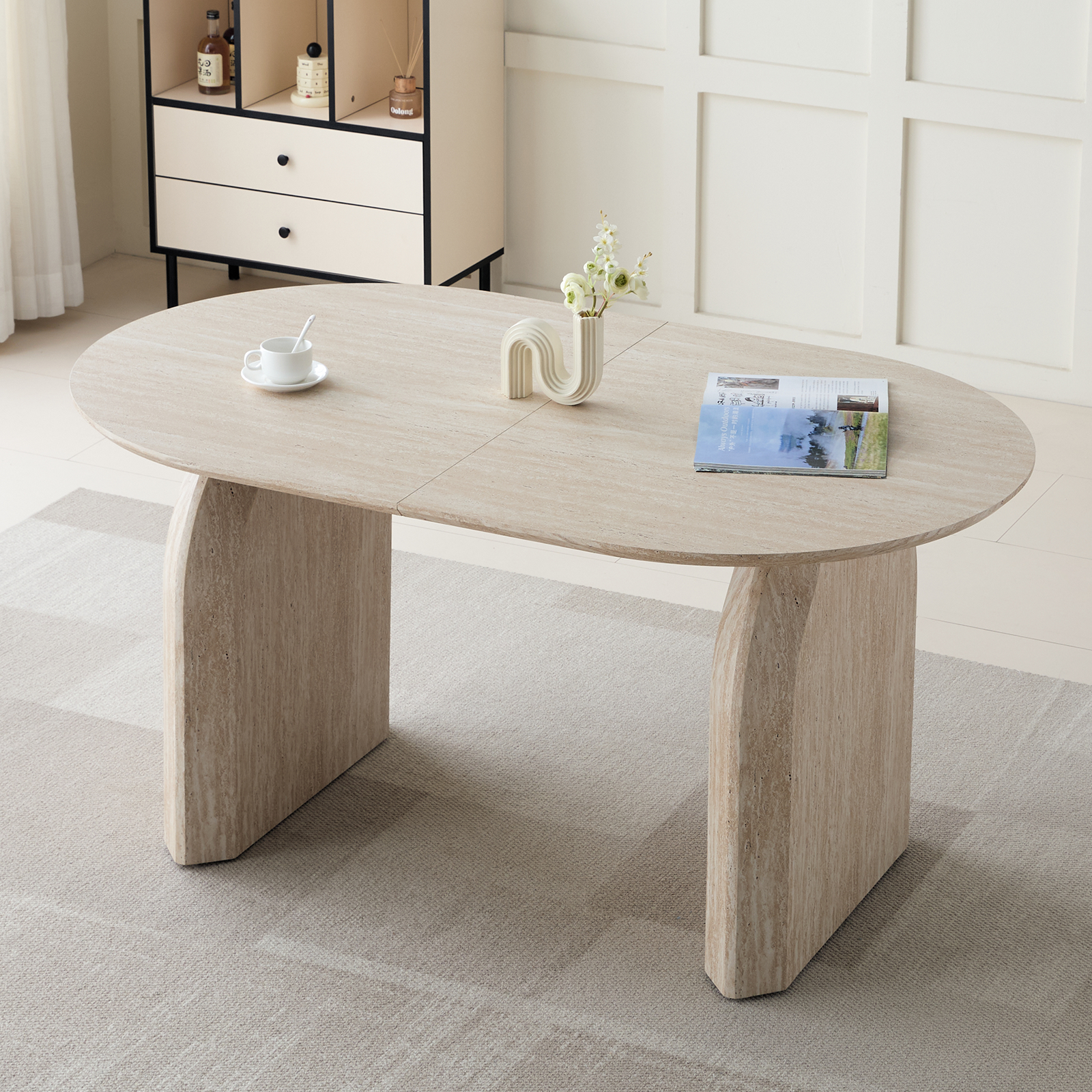 Off white dining table fully extended 90 inch length configuration
