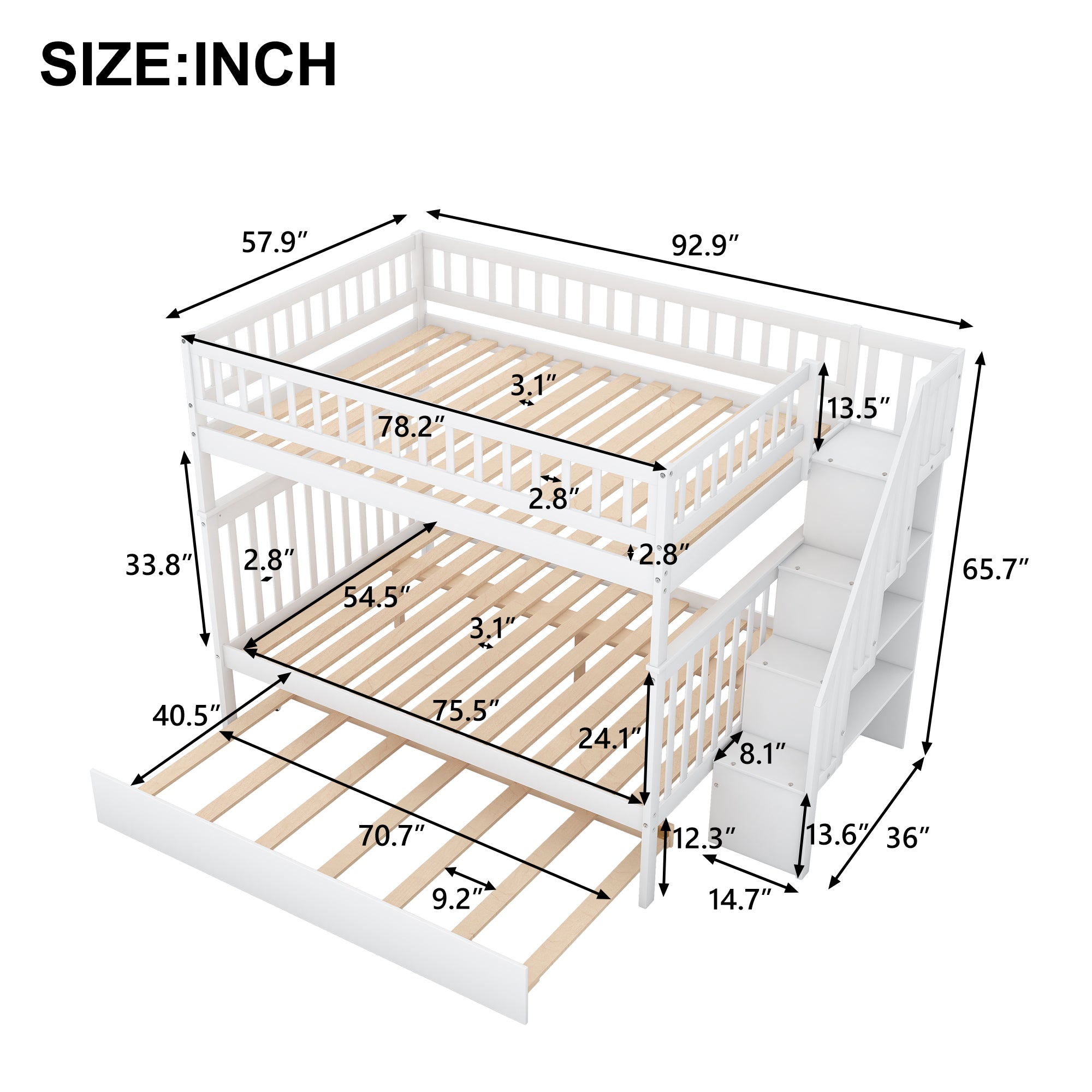 White bunk bed with safety guardrails on upper bunk