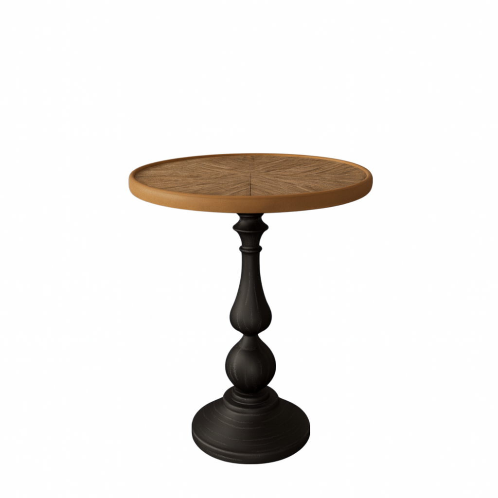 Natural wood round end table French country pedestal — front view