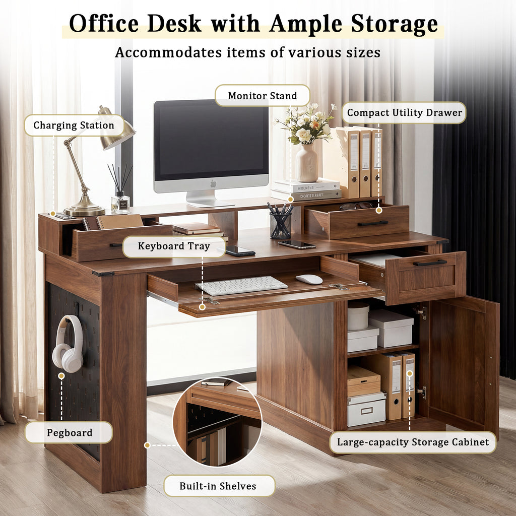 Dark walnut desk removable monitor stand height adjustment detail