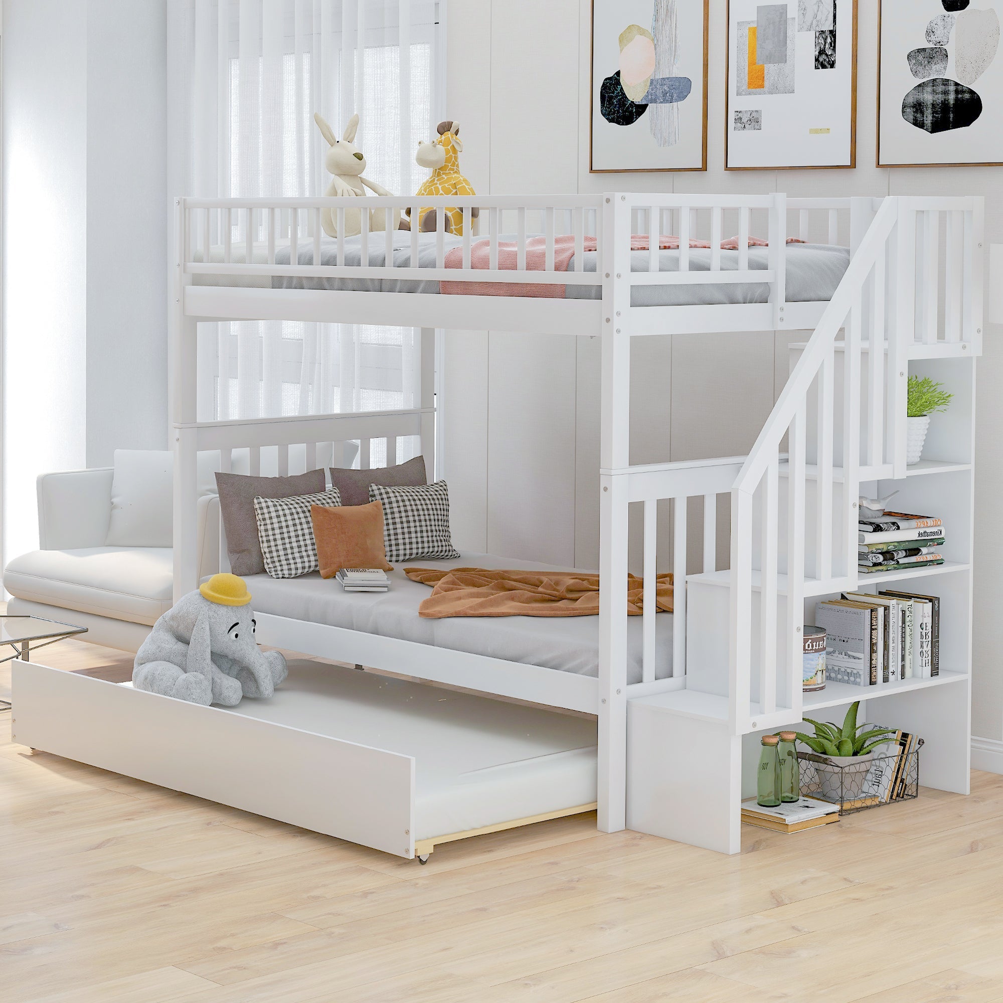 Twin-over-Twin Bunk Bed with Trundle & Storage Shelves