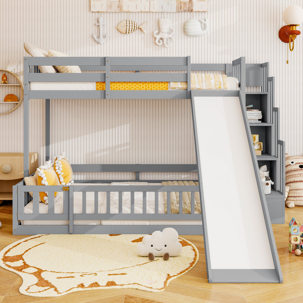 Twin Over Full Bunk Bed with Slide, Storage Staircase, Pine Solid Wooden Bunk Bed with Safety Guardrails ,Grey (Old Sku W504S00184)