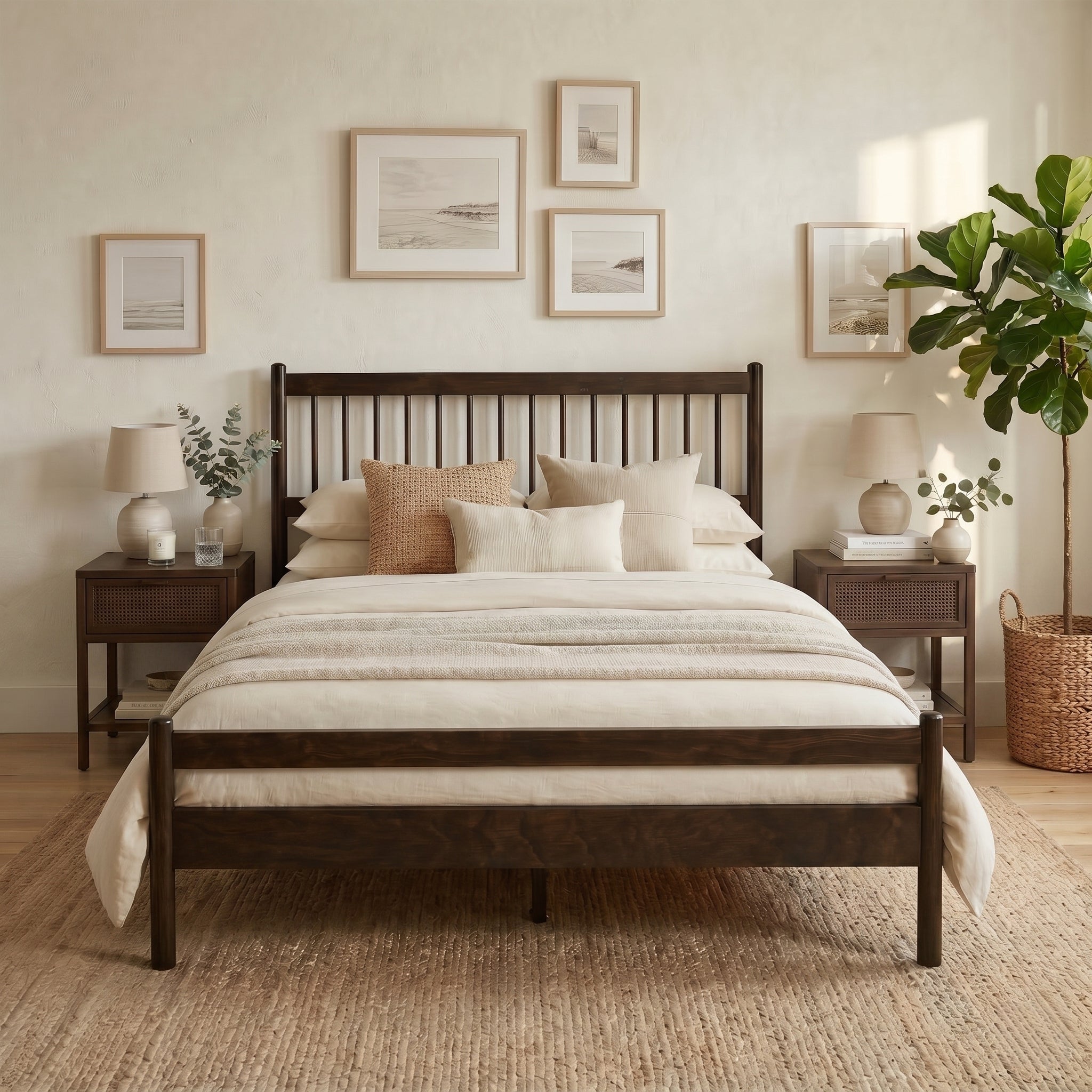 Traditional Style Queen Size Bed with Headboard and Footboard, Pinewood Bed with Strengthened Bed Frame ,Walnut