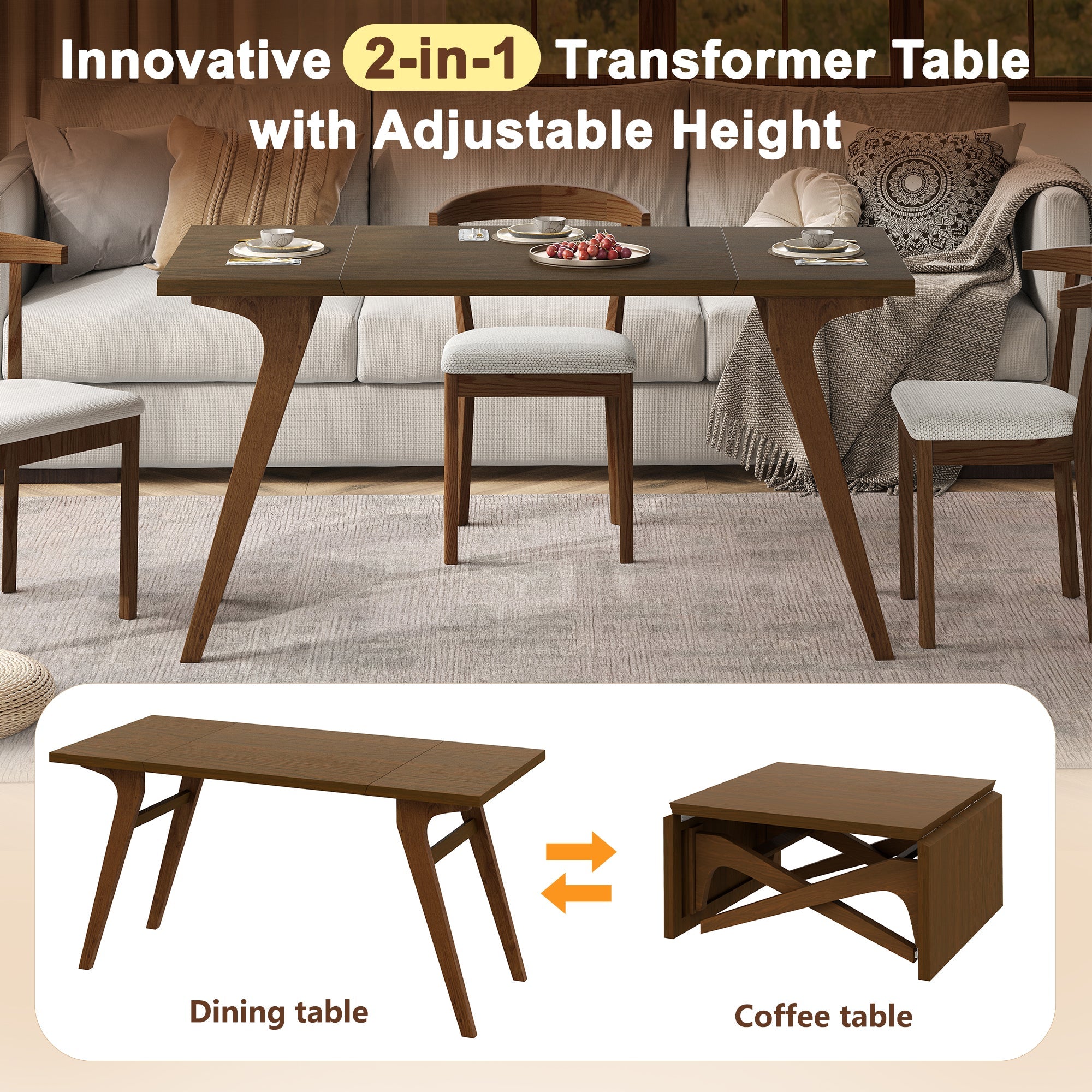 Transformer coffee table, 2 in 1 table, Expandable dining table, Natural wood, Variable height