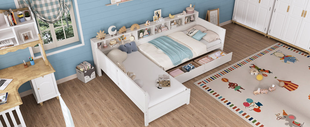 Twin Size Day Bed for 2, L- Shape Twin Size Bed Frame with Storage 3 Drawers, Wooden Corner Bed with Bookshelf, Corner Bed Frame For Bedroom, Living Room,Grey