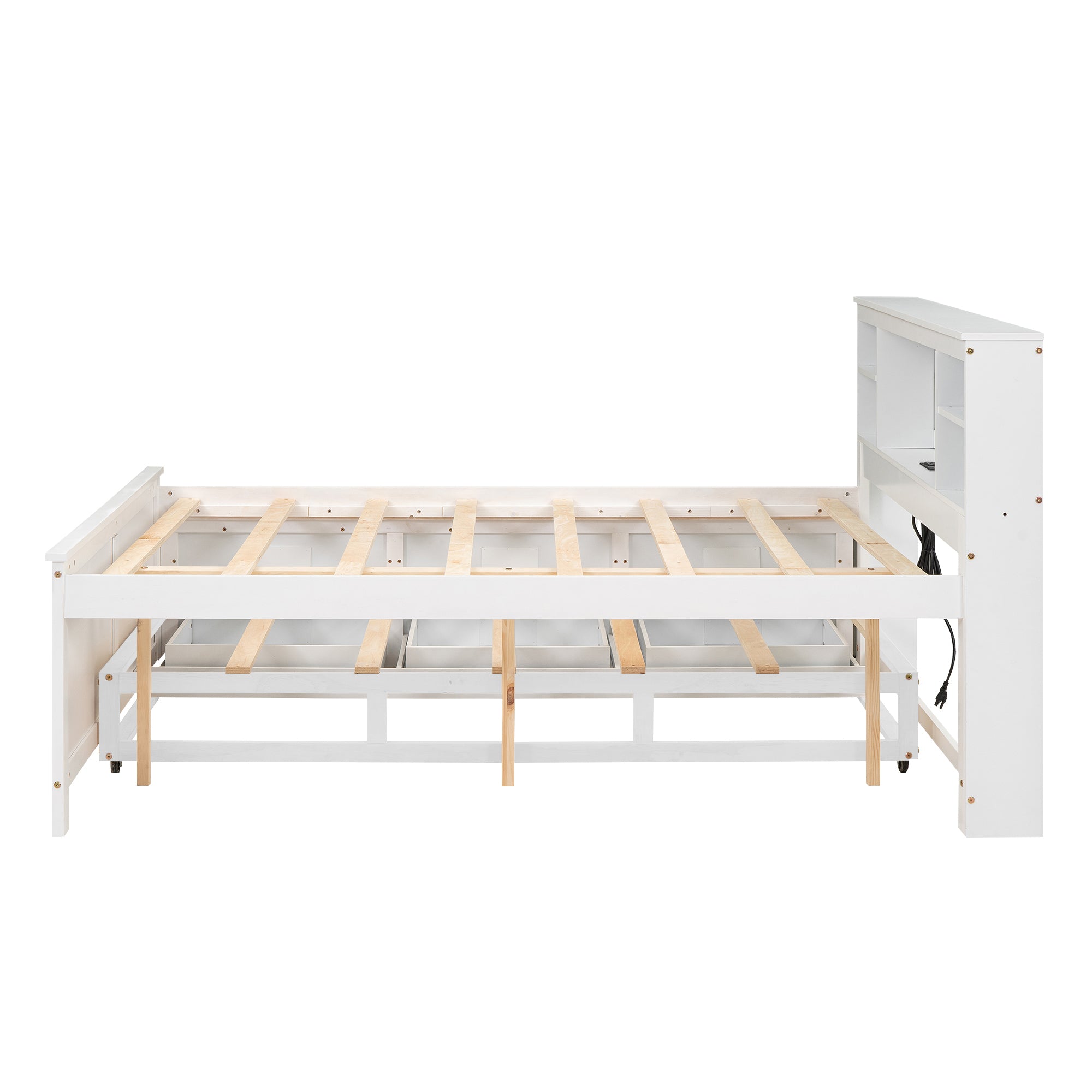 Platform bed with built-in headboard shelves detail