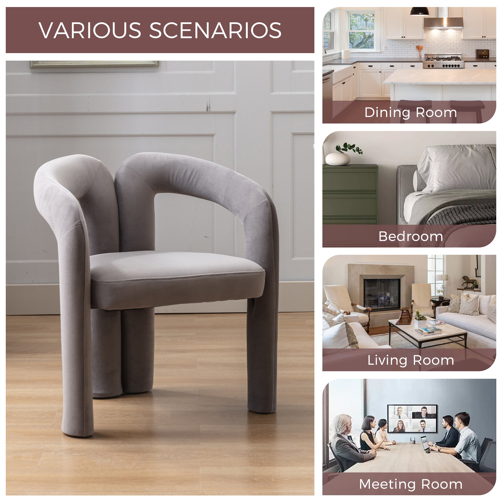 Gray velvet upholstered bucket dining chair — profile view
