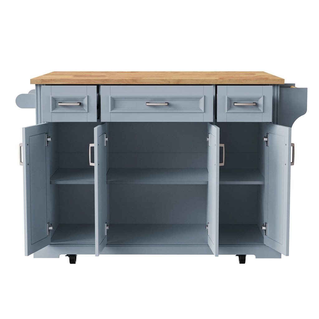 K&K 54inch Large Kitchen Island with Rubber Wood Drop Leaf, Embossed Texture Rolling Kitchen Cart on 4 Wheels with 4 Doors and 3 Drawers, Kitchen Island with Storage for Kitchen, Dining Room,Black